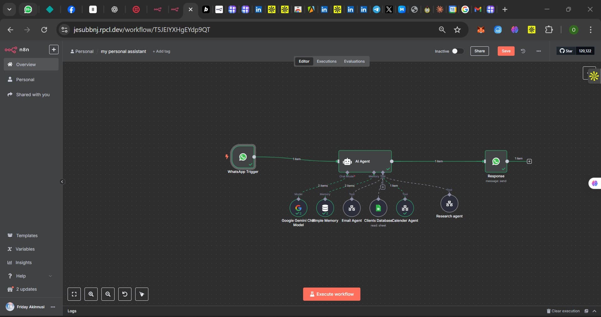 WhatsApp AI assistant workflow in n8n